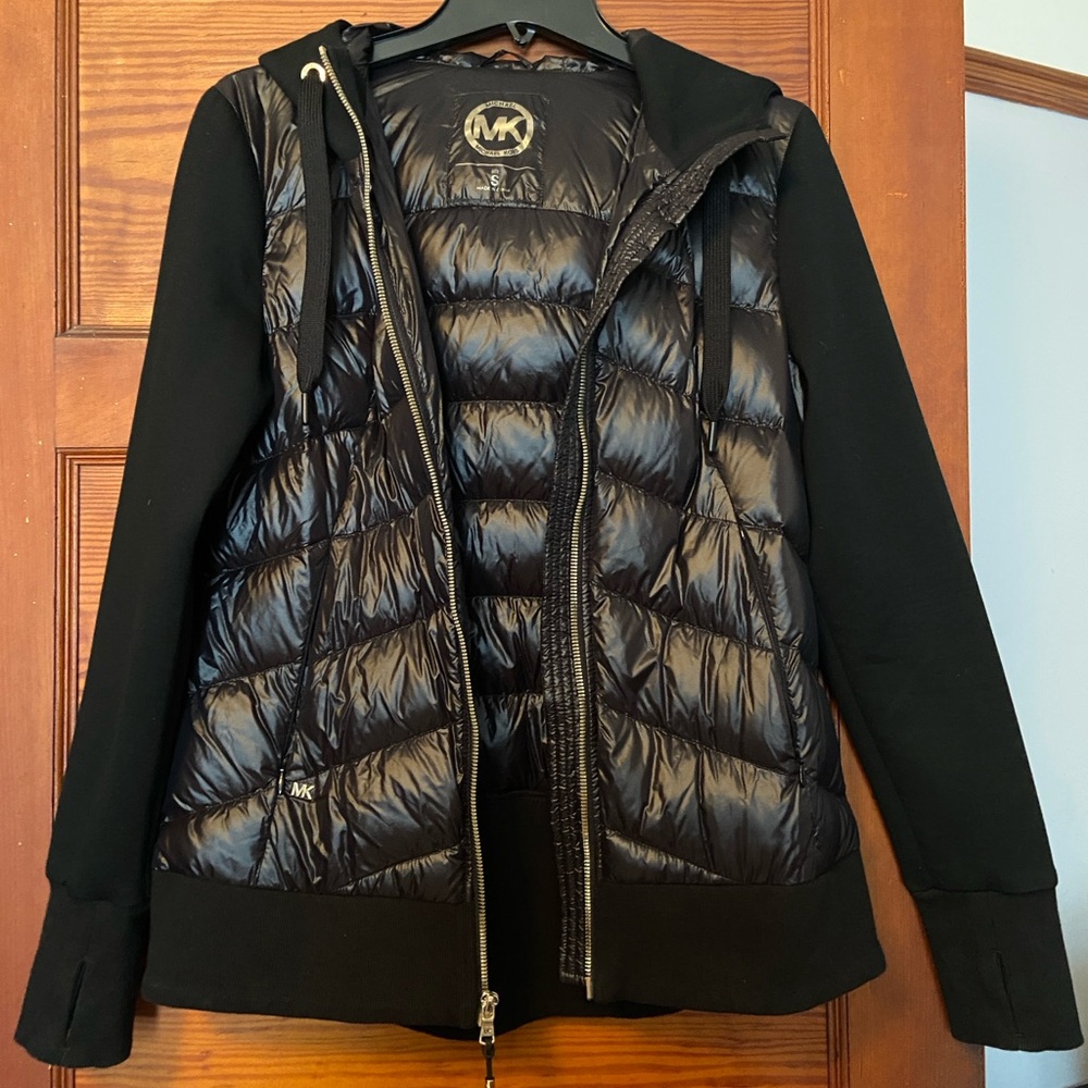 Michael Kors black mixed media puffer with hood, small